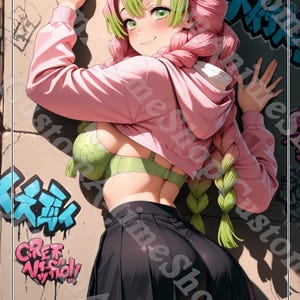 May include: Anime-style artwork of a character with pink hair and green highlights, wearing a pink hoodie, green bra, and black skirt. The character is leaning against a graffiti-covered wall. The image has a custom Anime Shop watermark.