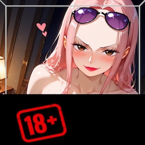 May include: An anime-style illustration of a character with long pink hair and brown eyes, wearing dark purple sunglasses perched on their head. The character has a flushed complexion, red lips, and a small pink heart icon floating nearby.