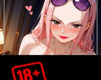 May include: An anime-style illustration of a character with long pink hair and brown eyes, wearing dark purple sunglasses perched on their head. The character has a flushed complexion, red lips, and a small pink heart icon floating nearby.
