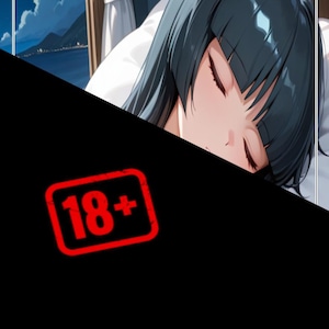 May include: An anime-style illustration of a person with dark hair resting on a white pillow. The person's eyes are closed, and the image has a soft, dreamy quality. A red "18+" stamp is visible.