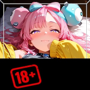 May include: An anime-style illustration of a character with pink hair, yellow eyes, and a blue bow, wearing a yellow jacket. The character is lying down with two spherical creatures, one pink and one blue, on either side. A red 18+ warning label is visible.