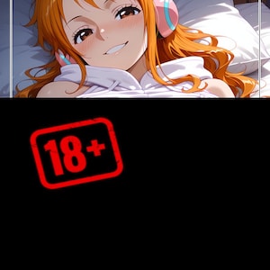 May include: Anime-style illustration of a person with orange hair wearing pink headphones, smiling while lying on a bed. The image includes a red square with the text "18+".