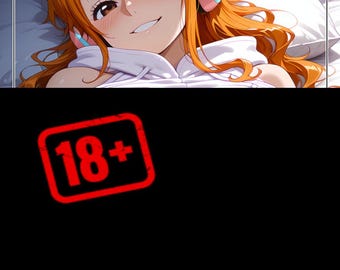 May include: Anime-style illustration of a person with orange hair wearing pink headphones, smiling while lying on a bed. The image includes a red square with the text "18+".