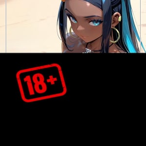 May include: Anime-style illustration of a woman with dark skin, blue eyes, and black hair with blue highlights. She wears gold hoop earrings and a necklace. A red square with "18+" is in the lower portion of the image.