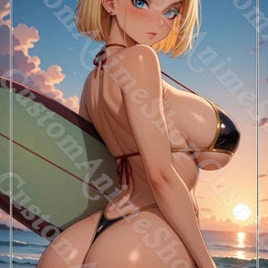 May include: Anime-style illustration of a woman with blonde hair and blue eyes, wearing a black and gold bikini, holding a surfboard. The background features a beach scene with a sunset and the text "Waifu Card Full Art".