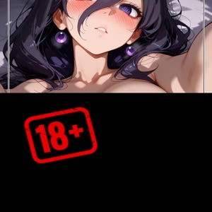 May include: Anime-style illustration of a woman with long, dark hair and purple eyes. She wears purple earrings. The image has a red "18+" stamp in the lower right corner.