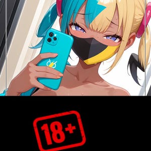 Puede incluir: Ilustración de estilo anime de una persona con cabello azul y rubio, usando una máscara negra y amarilla, sosteniendo un teléfono inteligente turquesa. La imagen incluye un sello "18+".