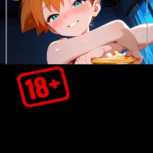 May include: Anime-style illustration of a young woman with orange hair and teal eyes, smiling. The image includes a red "18+" stamp.