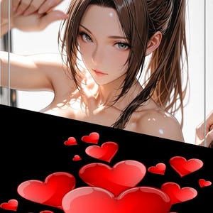 May include: An anime-style illustration featuring a person with long brown hair tied in a high ponytail, positioned above a collection of various sized, glossy red heart shapes arranged against a solid black background.
