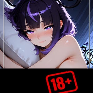 May include: An anime-style illustration of a person with purple hair and eyes, wearing a crown. The person is lying on a pillow, with a red 18+ stamp in the bottom of the image.