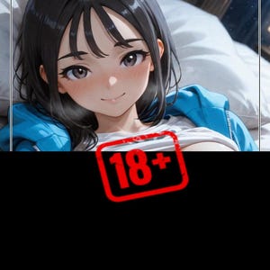 May include: Anime-style illustration of a young person with black hair and a blue jacket, lying on a bed. The image includes a red stamp with the text "18+".
