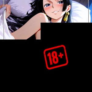 May include: Anime-style illustration of a woman with long black hair, blue eyes, and gold earrings, lying in bed. The image includes a red "18+" stamp.