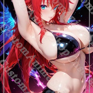 May include: Anime-style artwork featuring a woman with long, vibrant red hair and striking blue eyes. She wears a black and purple bikini with a heart-shaped accent. The background has a dark, dynamic design with blue and purple hues.