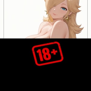 以下が含まれることがあります： 金髪、青い目、銀色の王冠を持つ女性のイラスト。彼女は金色の星型のイヤリングをしています。 「18+」というテキストが入った赤いスタンプが画像の下部にあります。
