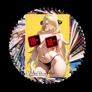 May include: A rectangular collectible card featuring an anime-style illustration of a blonde character against a yellow background. The character wears black lingerie and two red 18+ warning labels. The text Waifu Card is printed at the bottom.