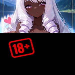 May include: Anime-style illustration of a person with dark skin, white hair, and purple eyes. The background shows a lake and mountains. A pink heart is in the upper left corner. A red square with the text "18+" is in the lower part of the image.