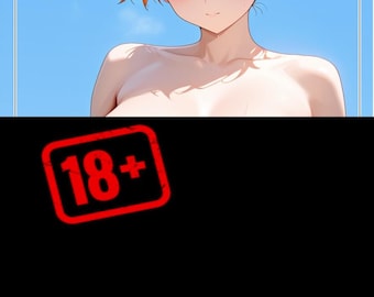 May include: Anime-style illustration of a person with orange hair and teal eyes against a blue sky. The image includes a red stamp with the text "18+".