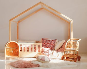 DIY Montessori Floor House Bed Plan, Bed Frame with railings PDF plans, House Bed Frame for Kids PDF