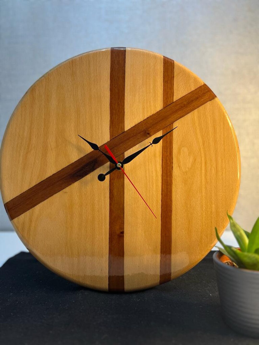 Walnut Wood Wall Clock With Line Details Silent Quartz Etsy