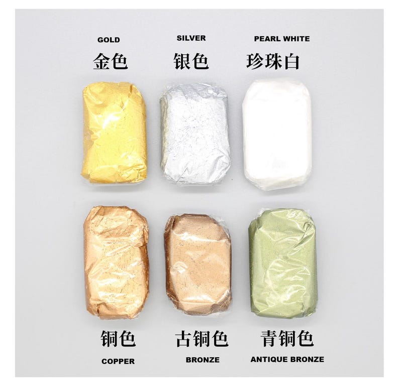 May include: An image showcasing six wrapped packages in various metallic colors. The packages are labeled with the colors gold, silver, pearl white, copper, bronze, and antique bronze. The text is in both English and Chinese.