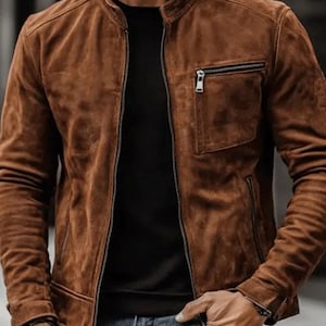Blouson moto homme marron vintage en daim avec poche zippée et col montant