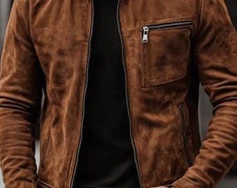 Men's Vintage Brown Suede Zip Pocket Stand Collar Motorcycle
