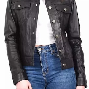 Veste camionneur noire en cuir véritable pour femme en cuir d'agneau, veste classique style denim