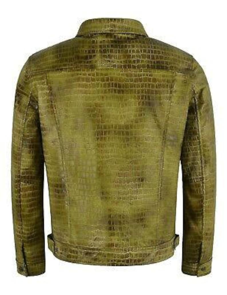 May include: A green leather jacket with a crocodile-embossed pattern. The jacket has a button-up collar, long sleeves, and a front zipper closure.