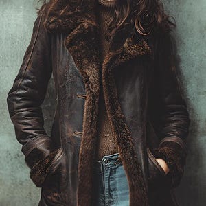 May include: A brown leather coat with faux fur lining and trim. The coat features a classic design with a notched collar, button closure, and pockets. The model is wearing blue jeans and a brown sweater.
