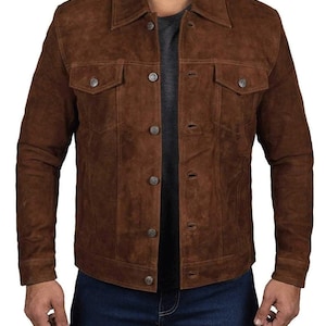 Blouson camionneur classique pour hommes en cuir véritable marron foncé de style western