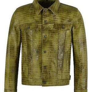 VESTE DE CAVALIER en cuir Veste en cuir vert olive vintage exotique à imprimé croco
