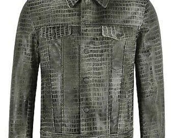 May include: A green crocodile-embossed leather jacket with a button-up front and long sleeves.