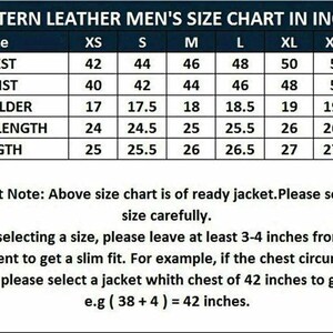 May include: A size chart for men's leather jackets in inches. The chart shows the measurements for chest, waist, shoulder, sleeve length, and length in inches for sizes XS to XXXL.