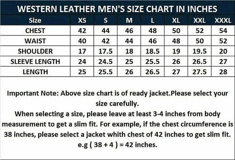 May include: A size chart for men's leather jackets in inches. The chart shows the measurements for chest, waist, shoulder, sleeve length, and length in inches for sizes XS to XXXL.