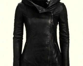 Capucha Casaca De Cuero Negra Mujer Capucha Chaqueta Cuero Y Pelo Chaqueta De Pelo De Mujer De Visón Con  Capucha De Zorro · De La