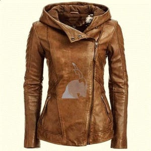 Veste motard à capuche pour femme en cuir de mouton véritable, coupe slim, chemise en cuir