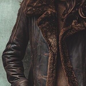 May include: A brown leather coat featuring a faux fur collar and lining. The coat has a button closure and is worn over a brown sweater. The sleeves are long and the coat has a distressed, worn appearance.