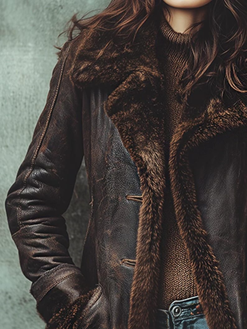 May include: A brown leather coat featuring a faux fur collar and lining. The coat has a button closure and is worn over a brown sweater. The sleeves are long and the coat has a distressed, worn appearance.