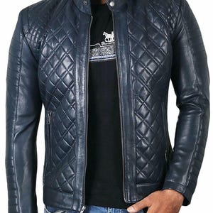 Blouson aviateur matelassé en cuir pour homme, véritable motard décontracté élégant en cuir d'agneau