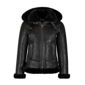 May include: A black leather jacket with a shearling lining and a hood. The jacket has a zip fastening and two pockets.