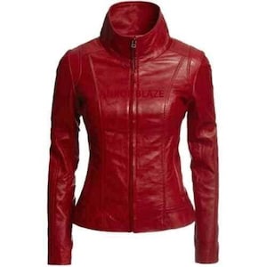 Blouson moto femme en cuir véritable fait main rouge bordeaux - Cadeau de luxe pour elle - Blouson moto classique élégant en cuir de mouton souple en peau de mouton