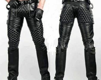 Men's Black Genuine Leather Quilted Biker Pants: Motorcycle Trousers