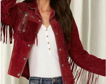 Chaqueta vaquera vintage de ante con flecos - Cuero hecho a mano