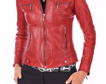 Giacca da motociclista slim fit in vera pelle di agnello rossa da donna