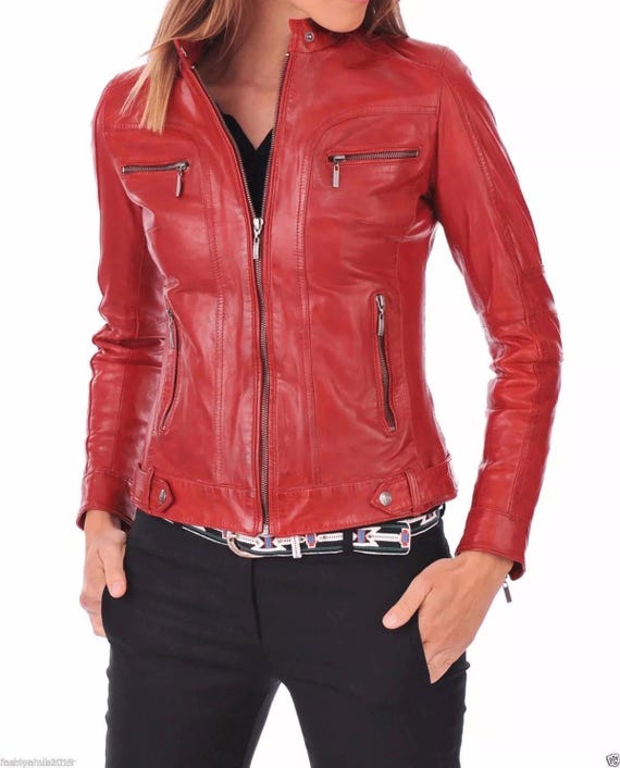 Rote Damen Lambskin Soft Echtlederjacke Motorrad Slim Fit