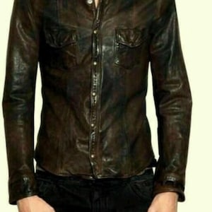 Veste-chemise pour homme, aspect effet vieilli, chemise en cuir véritable ciré doux et véritable