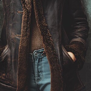 May include: A brown leather jacket with a fur-lined collar and cuffs. The jacket has two buttons and two pockets. The person is wearing blue jeans. The jacket appears to be worn and distressed.