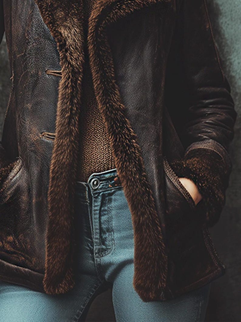 May include: A brown leather jacket with a fur-lined collar and cuffs. The jacket has two buttons and two pockets. The person is wearing blue jeans. The jacket appears to be worn and distressed.