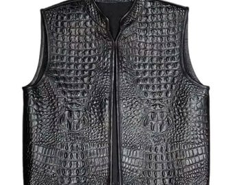 Motorcycle Black Alligator Leather Vest Biker Club Concealed waistcoat