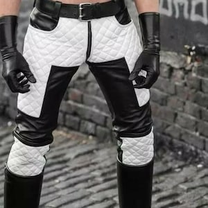 Men Real Leather Bikers Pants Black & White Quilted Panels BLUF Pants